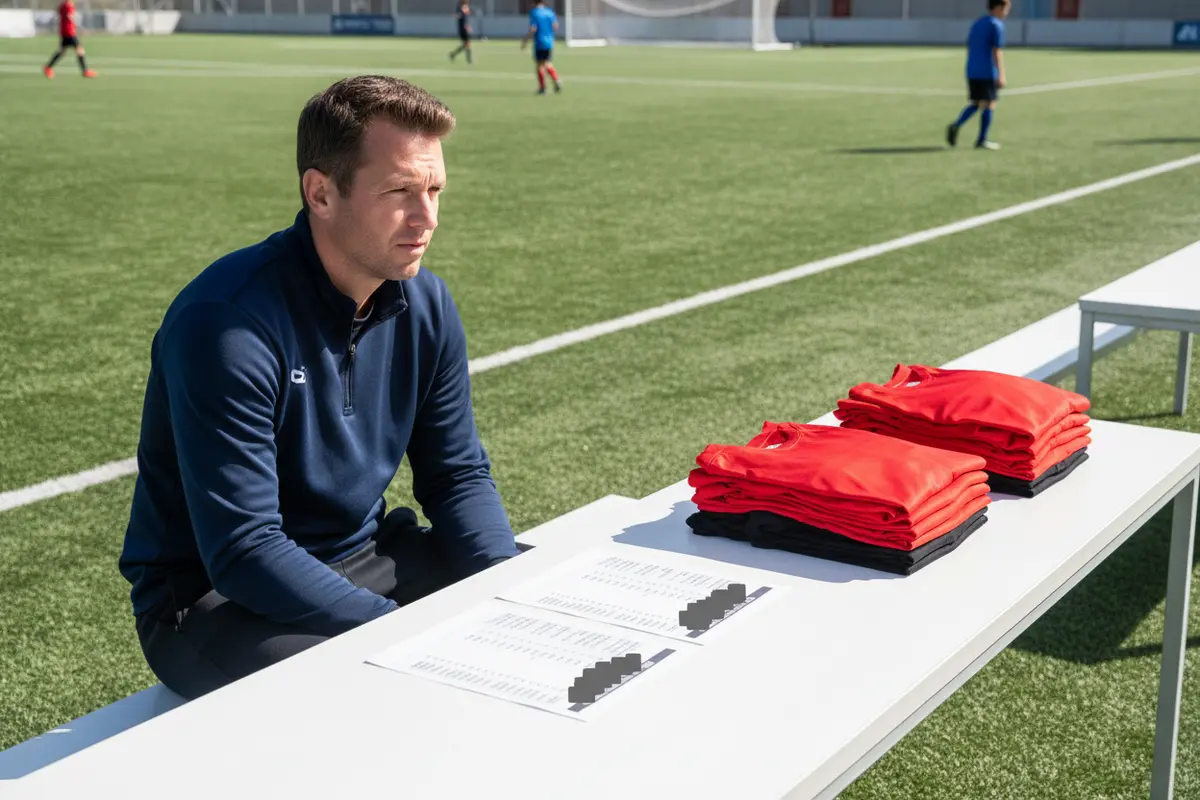 Coach reviewing a soccer team roster and uniform size list beside a coordinated jersey and shorts