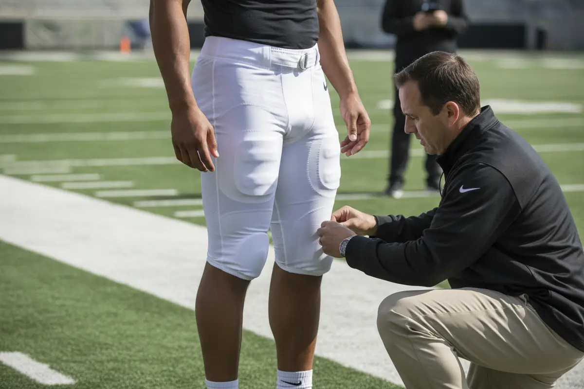 Coach checking the fit and length of custom football pants on a football player