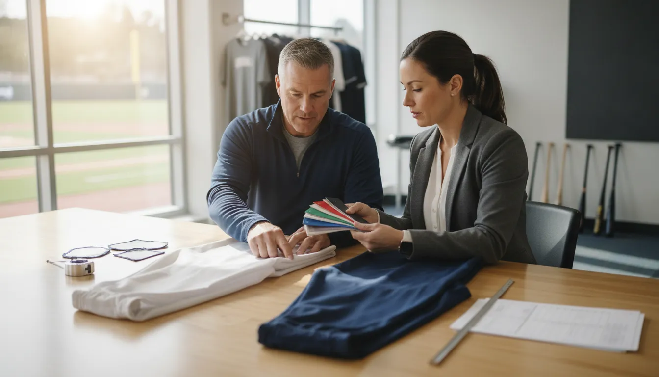 Coach and team manager reviewing baseball pants samples and color swatches