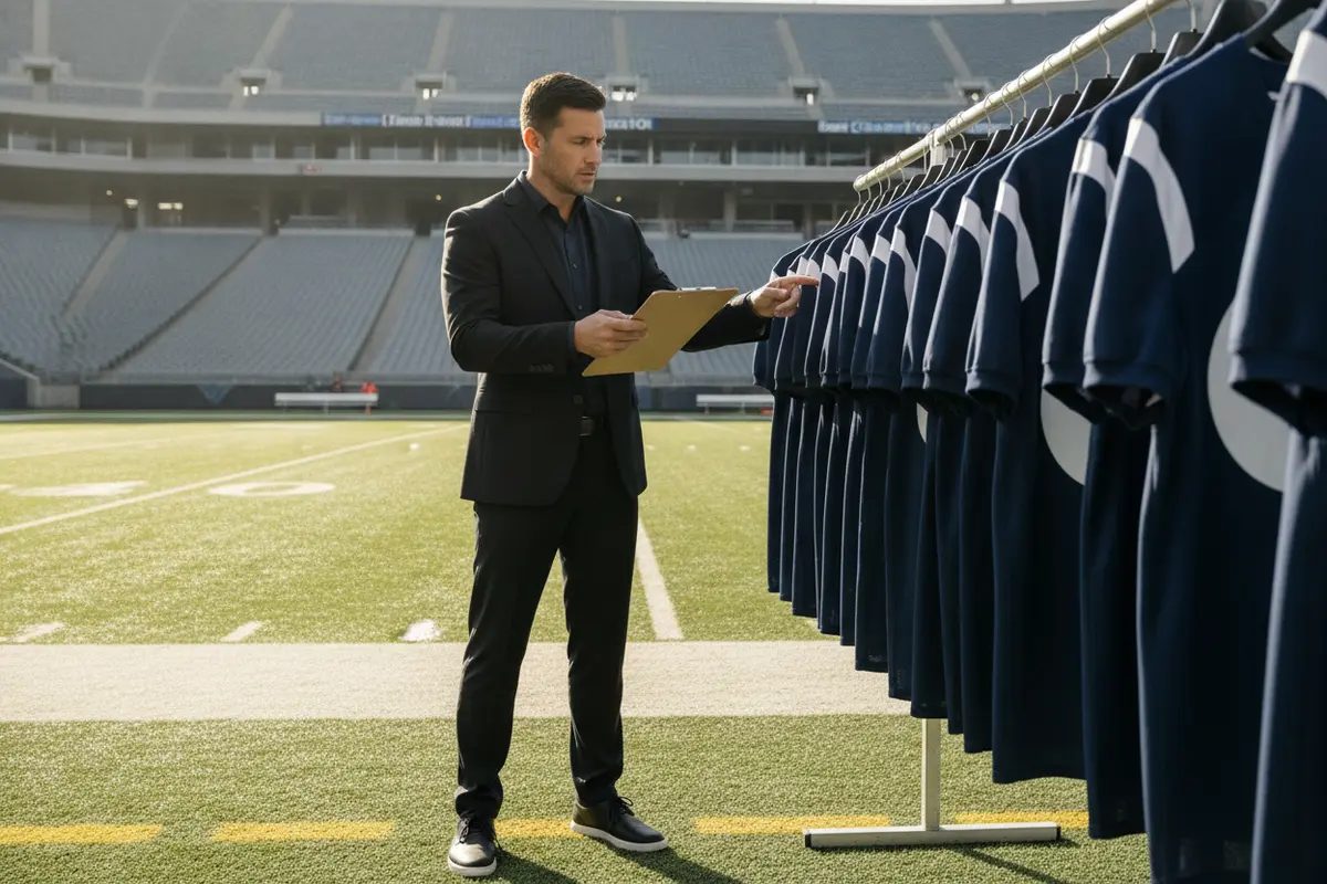 Team manager comparing a checked player roster with a coordinated row of football jerseys