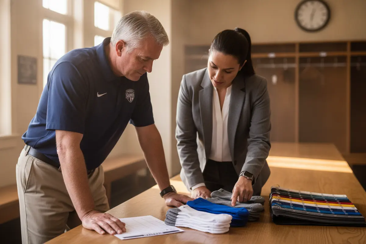Coach and team administrator reviewing sock samples, color swatches, and a roster checklist