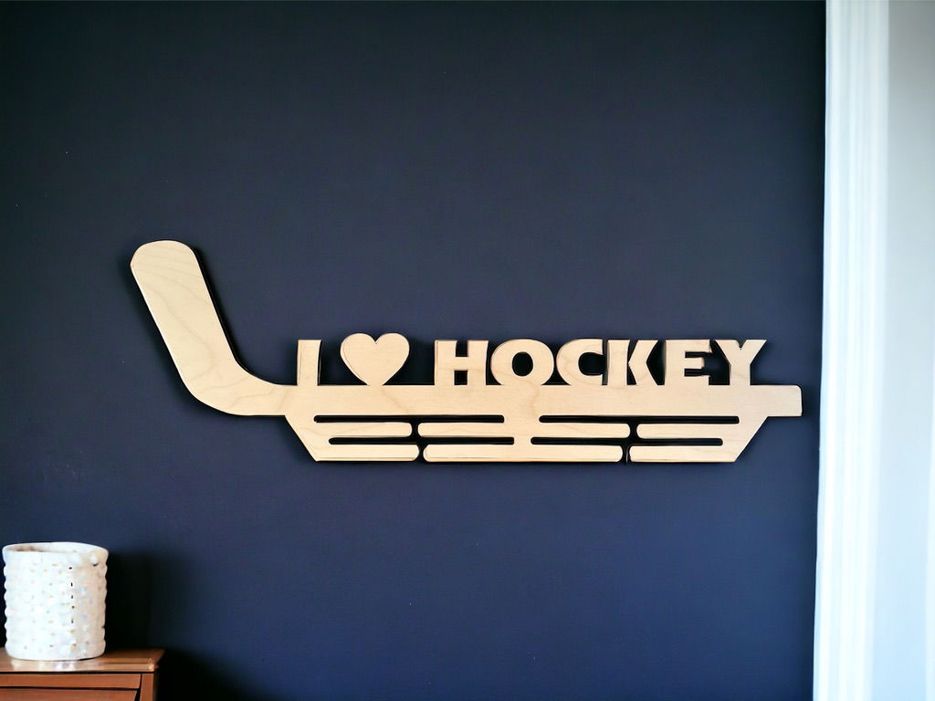Personalized medal rack for hockey players with multiple hooks