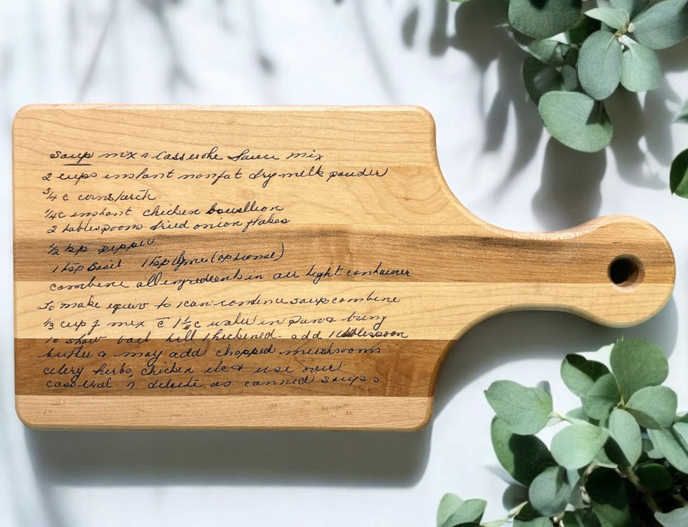 Wooden cutting boards with engraved recipe.