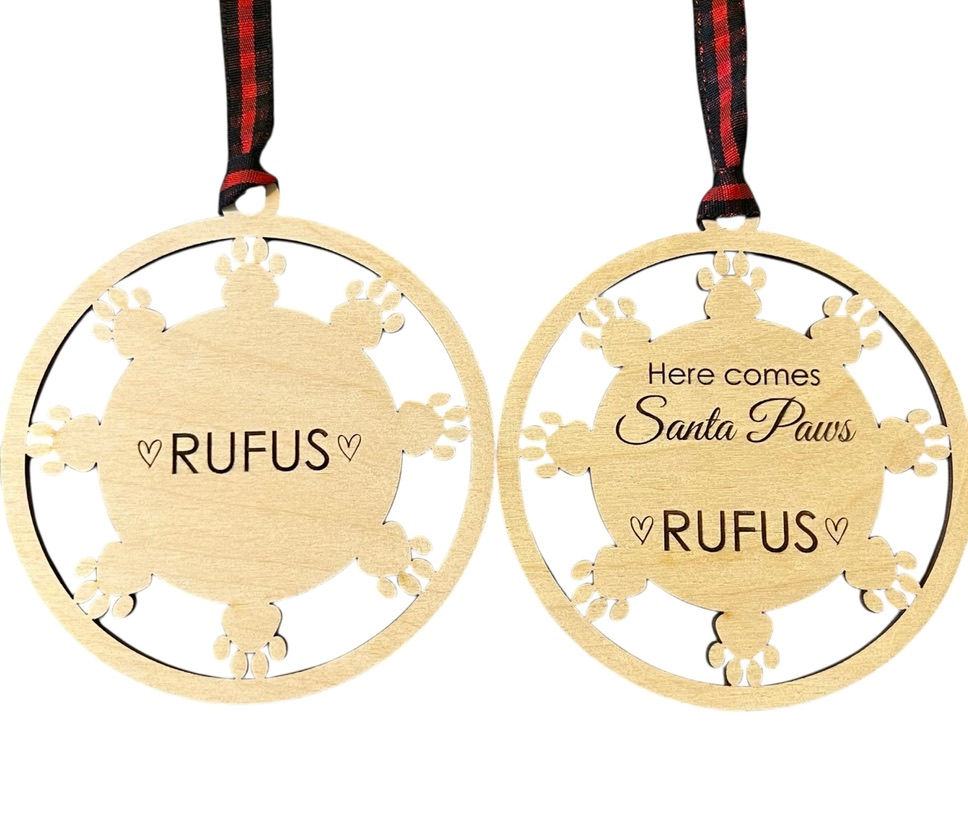 Personalized wooden pet Christmas ornament with engraved name or Santa Paws design