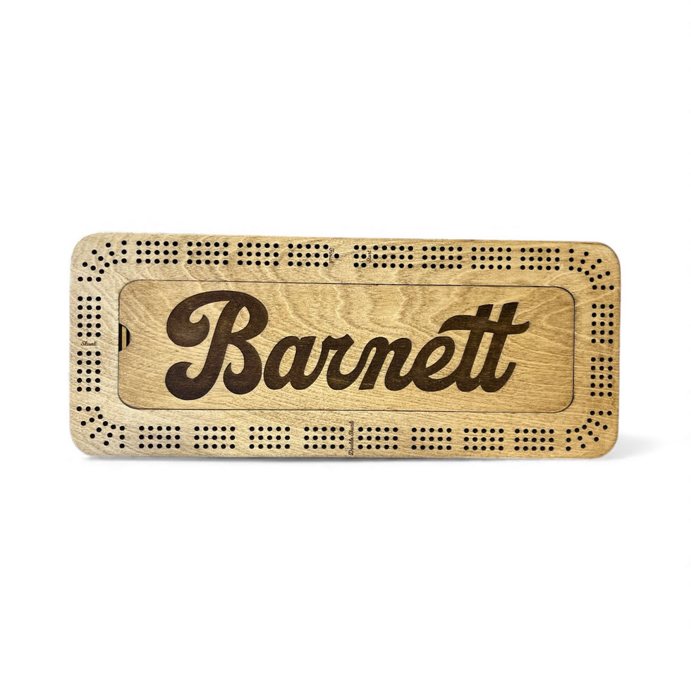Custom crib board with the name Barnett engraved on the top.