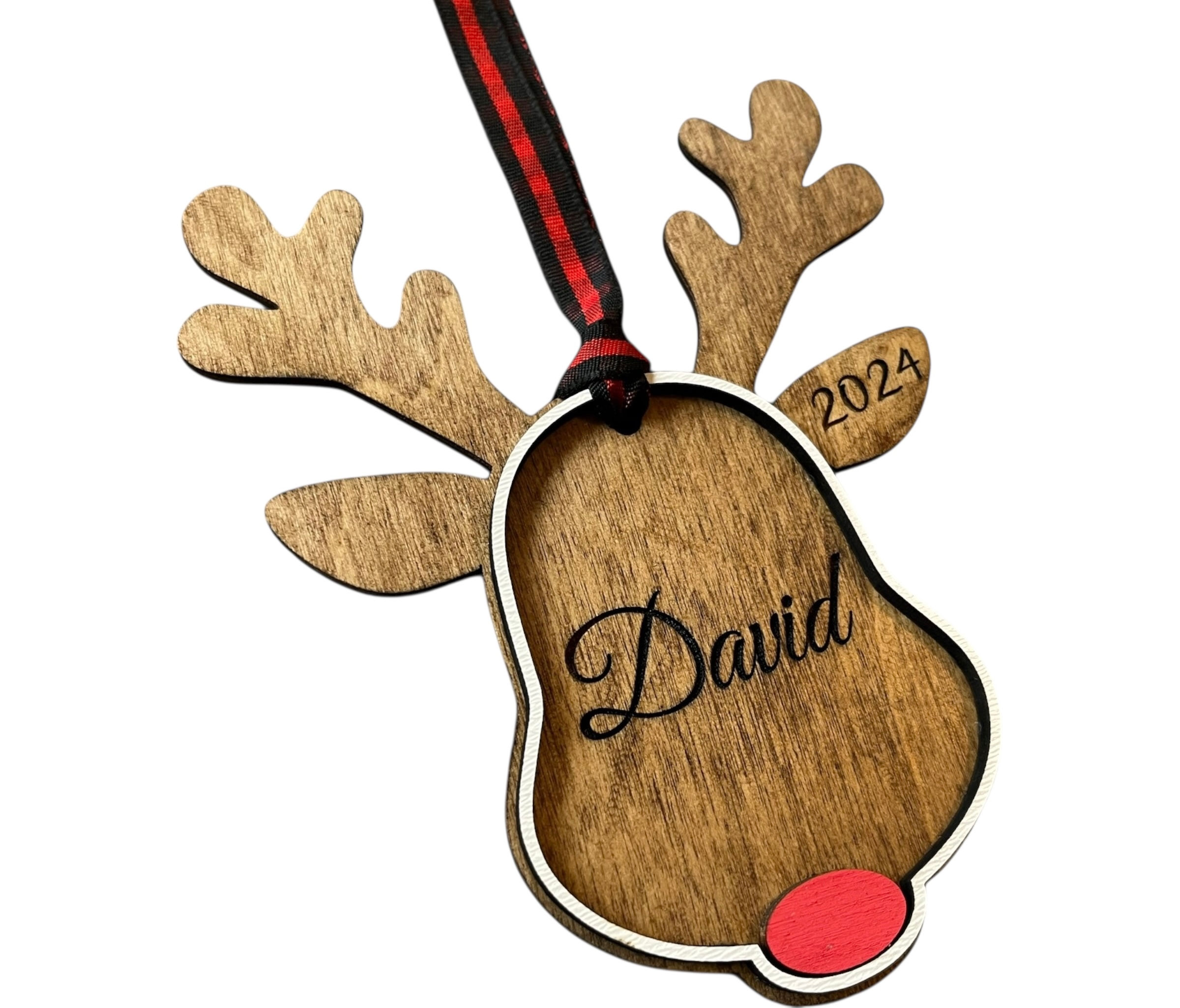 Personalized wooden reindeer ornament for Christmas with names