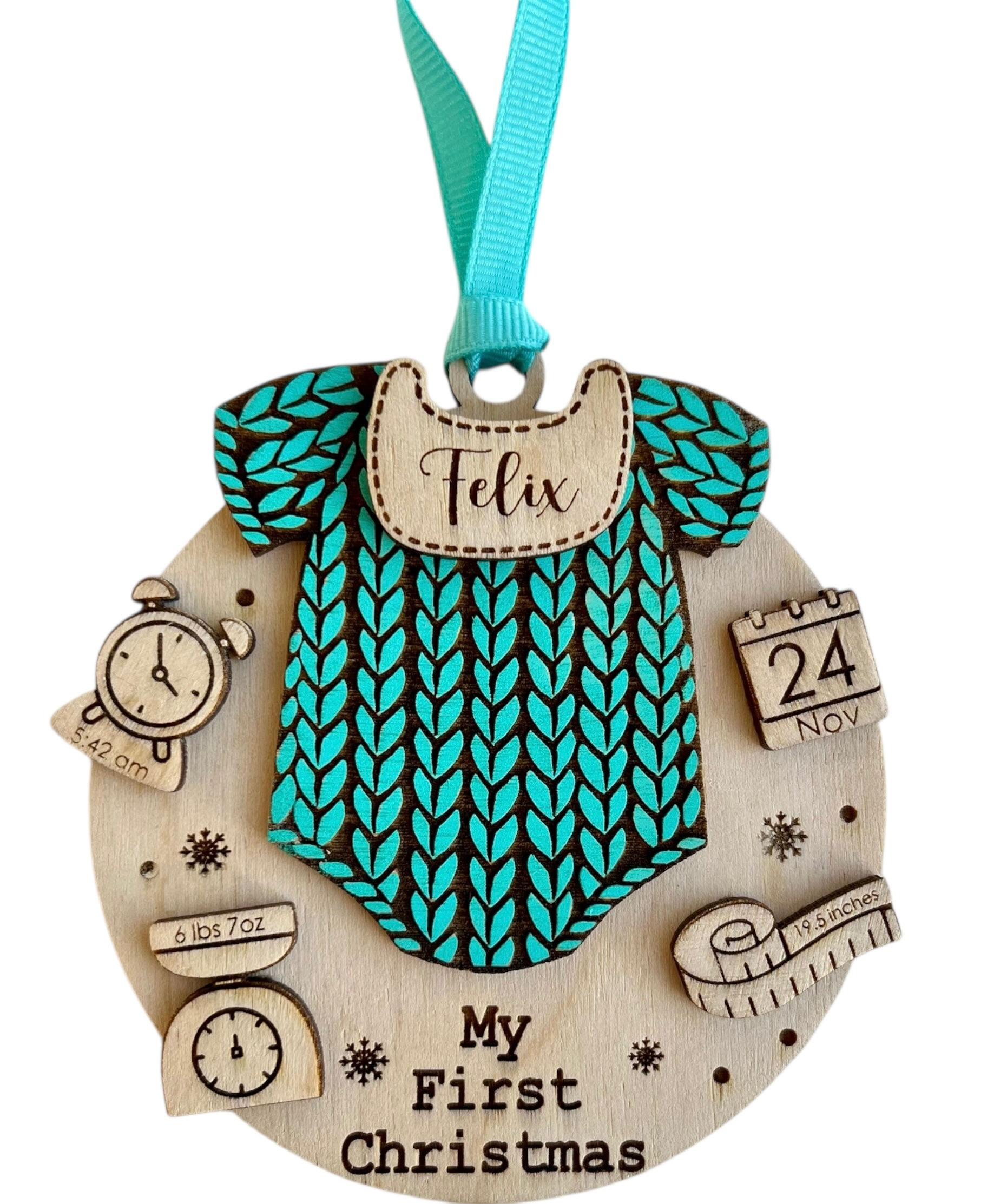 Personalized baby stat Christmas ornament with newborn details