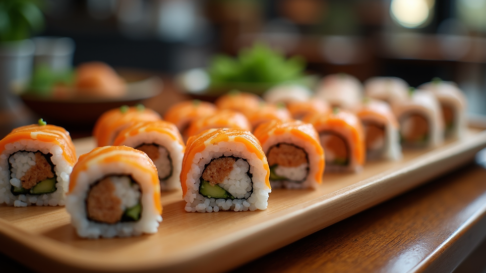 Eye-level view of sushi rolls arranged neatly on a wooden platter