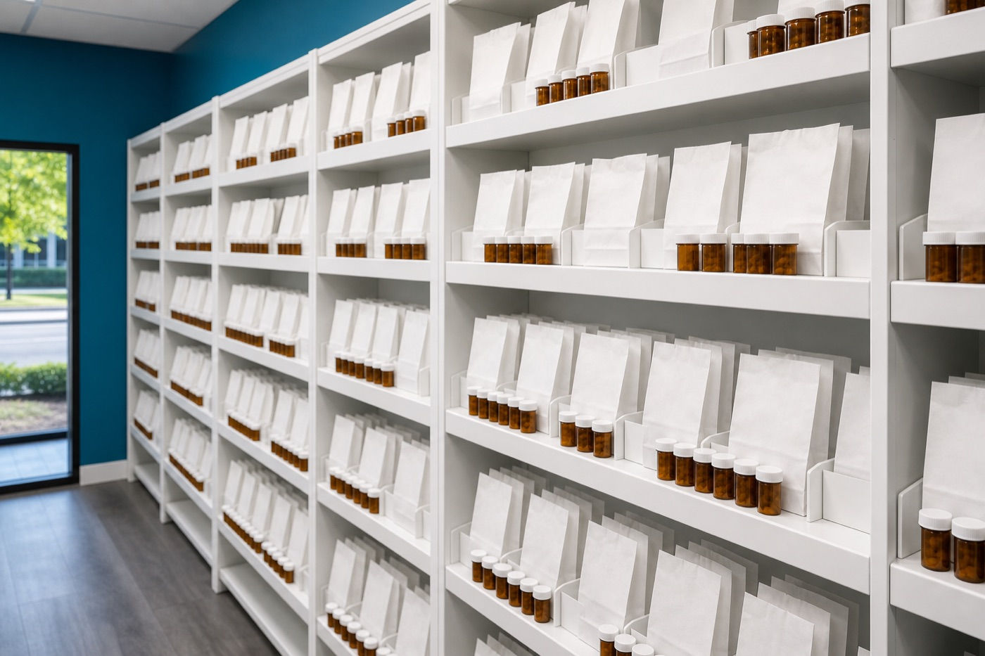 Prescription shelving inside Murray Shore Pharmacy