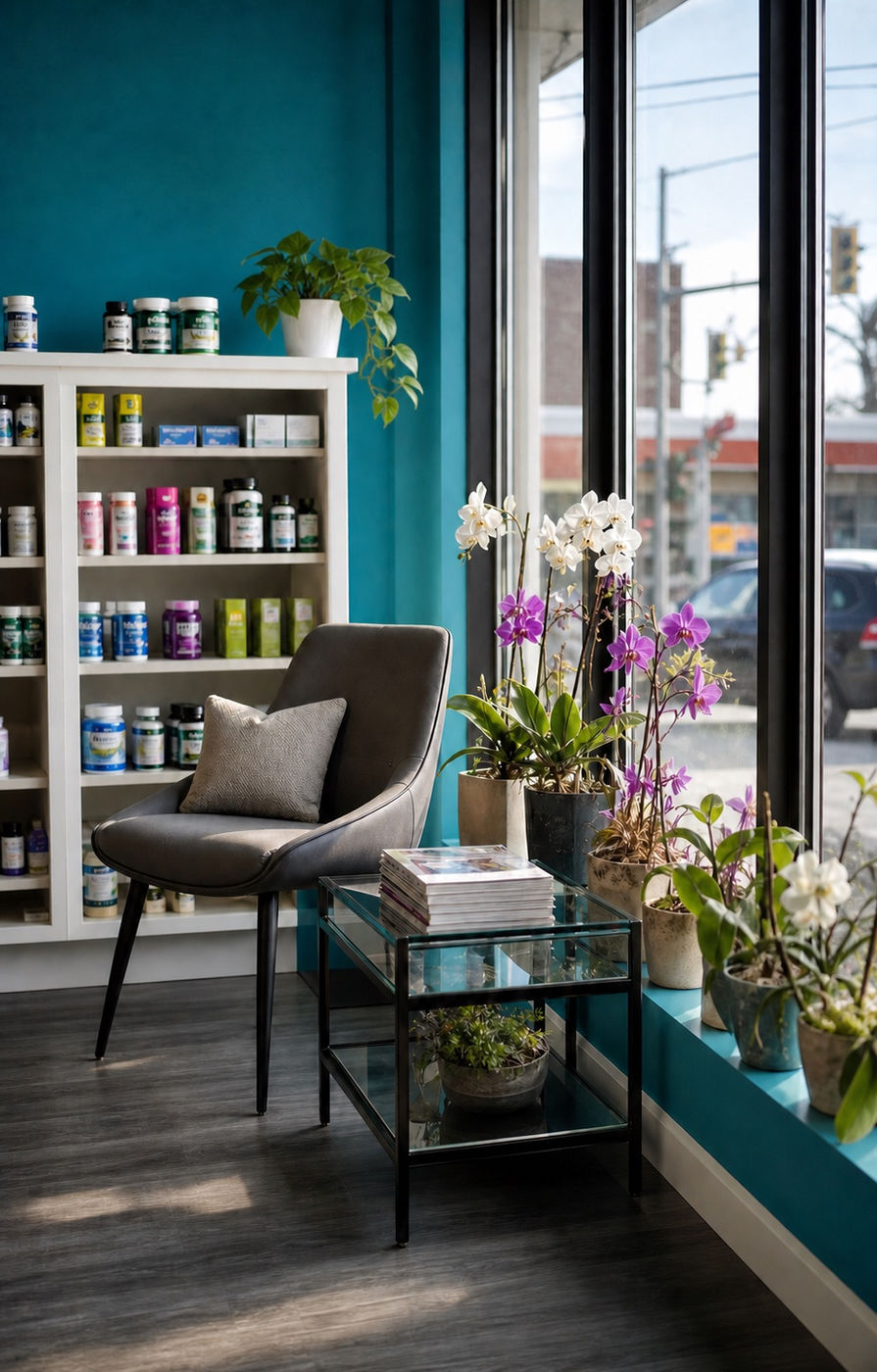 A quiet seat by the pharmacy window