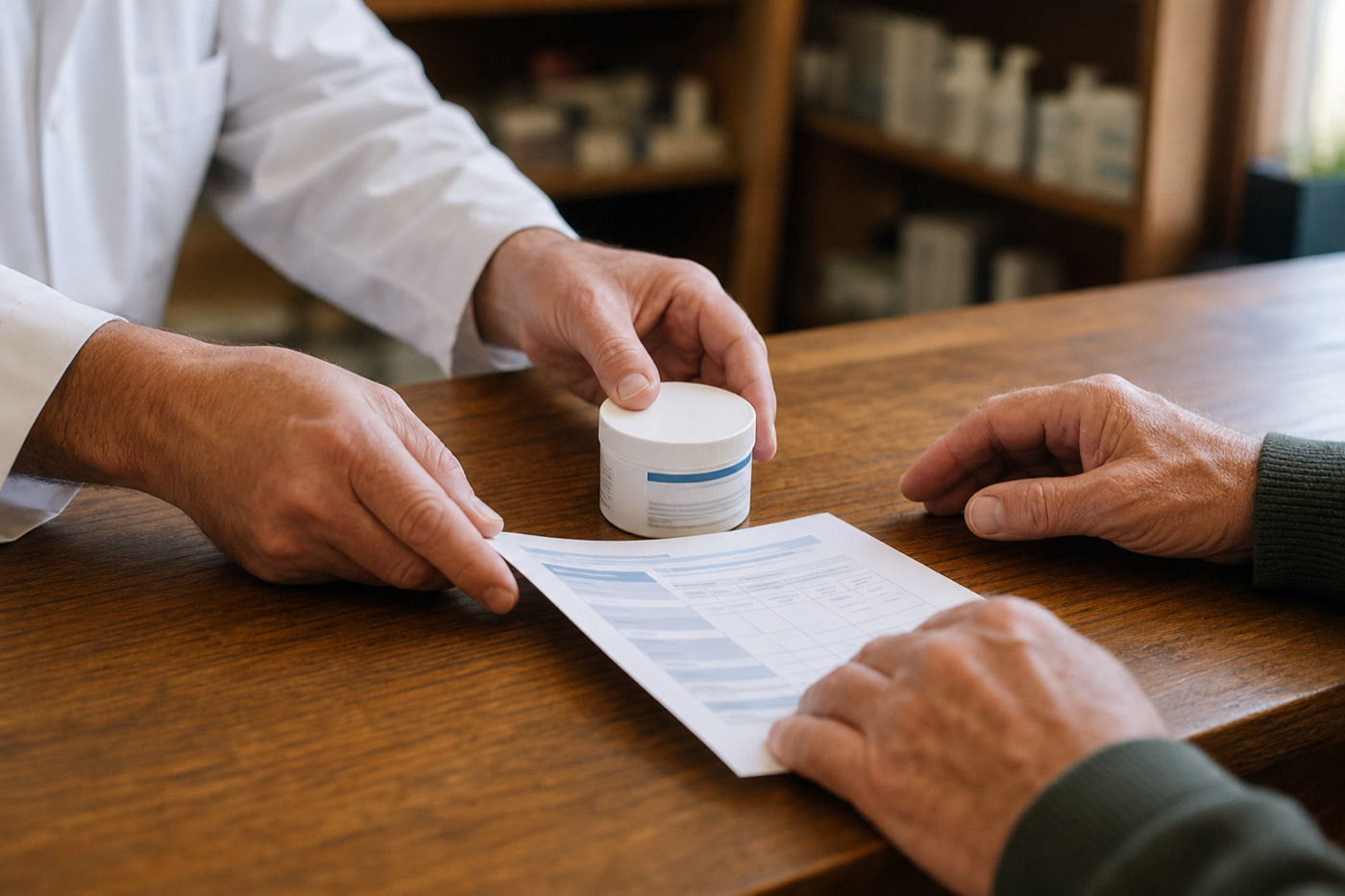 A pharmacist handing a compounded preparation to a patient during a consultation