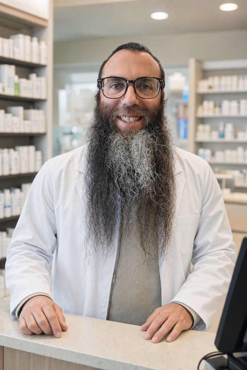 Benny, pharmacist and owner, at the dispensary counter at Murray Shore Pharmacy