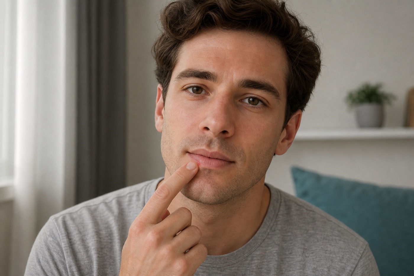 A young man touching the corner of his lip