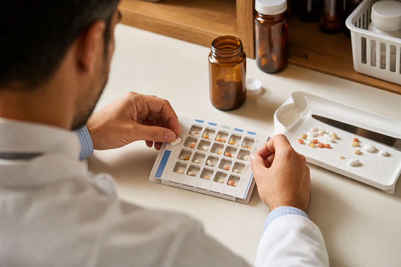 A pharmacist filling a weekly blister pack card, one sealed compartment per dose