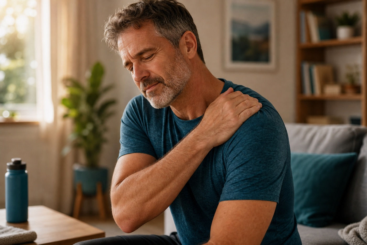 A man holding his sore shoulder at home