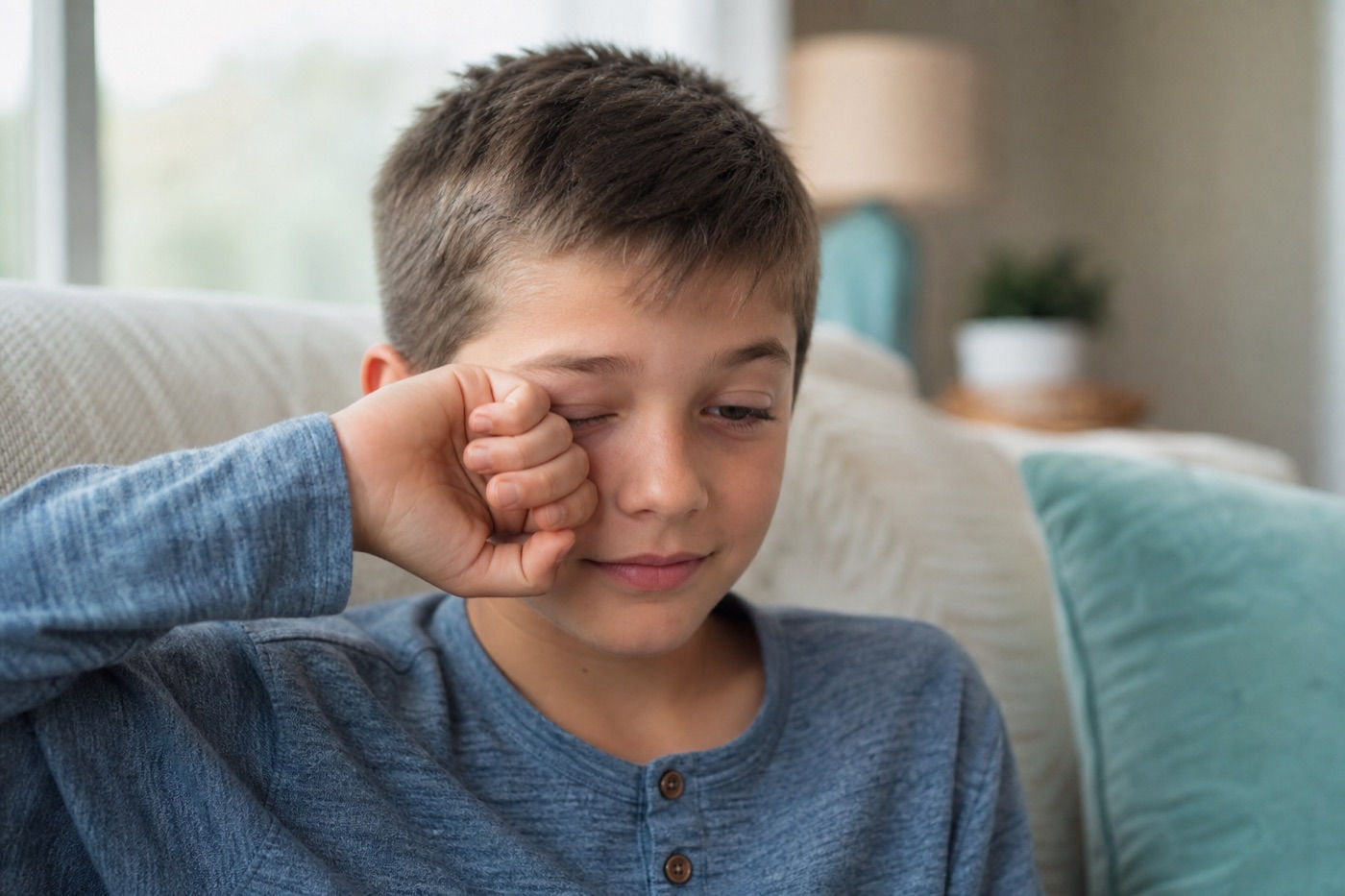 A boy gently rubbing one eye