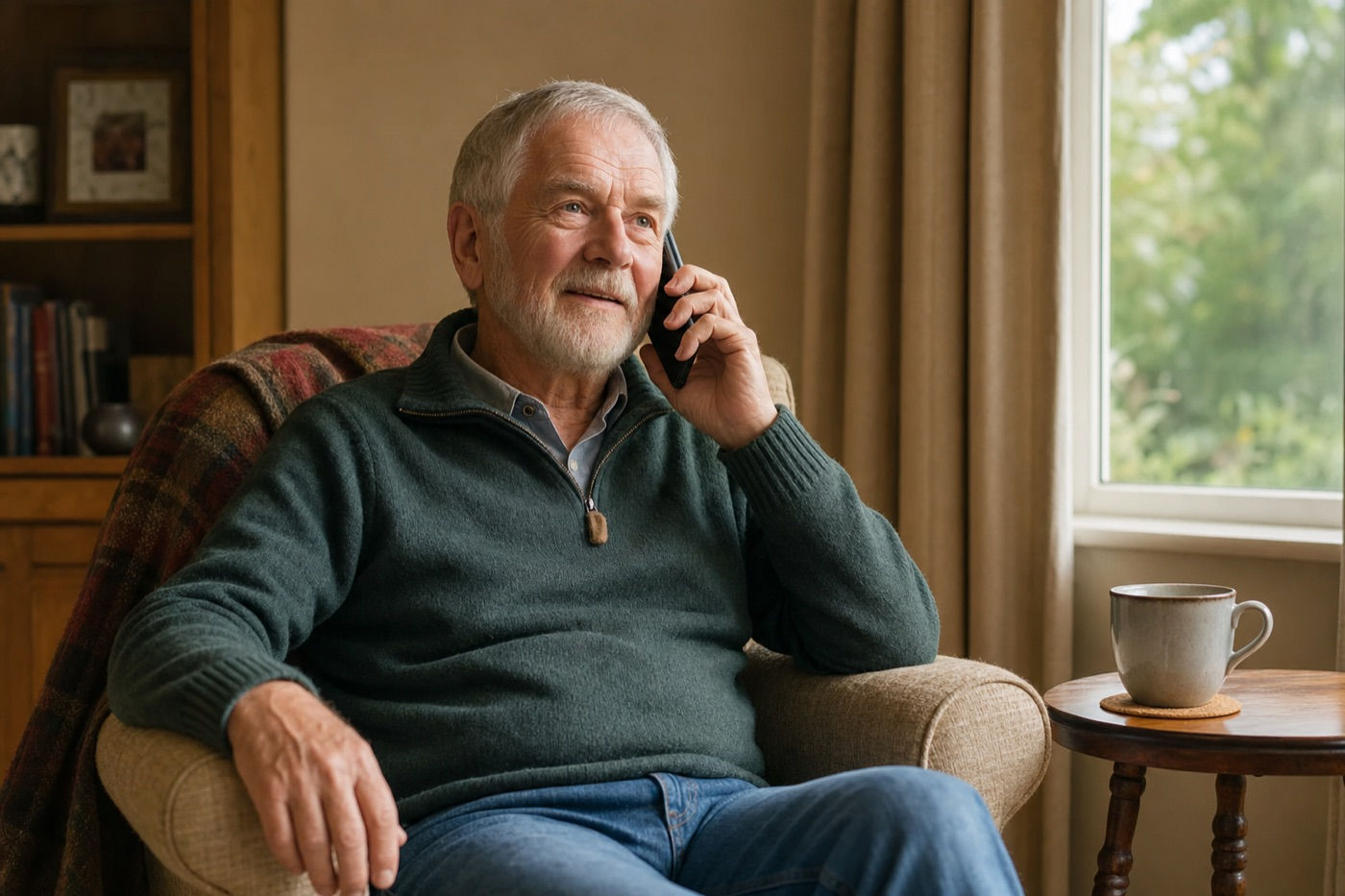 A man at home making one relaxed phone call
