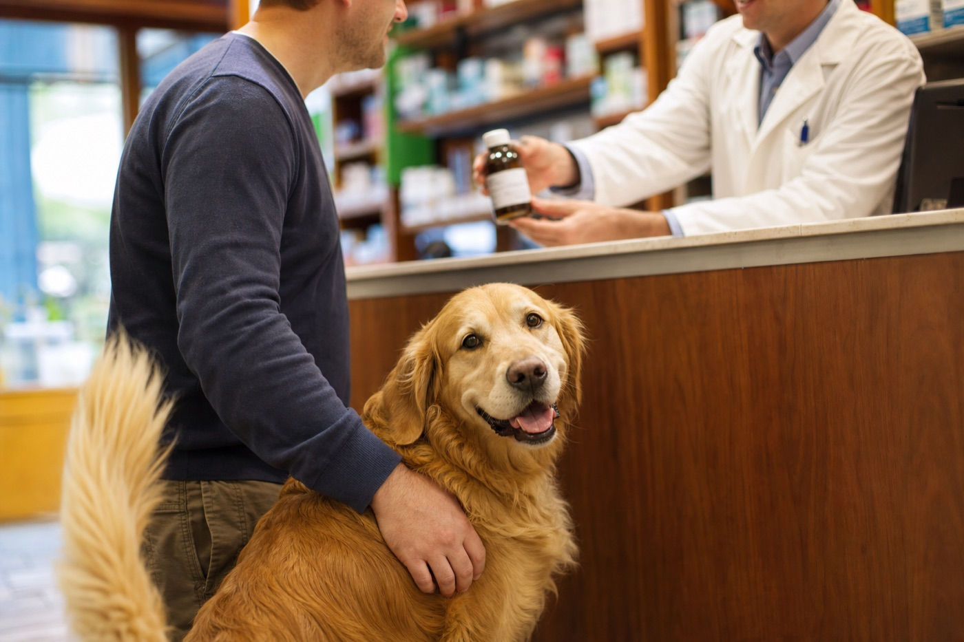 A dog waiting at the counter of Murray Shore Pharmacy
