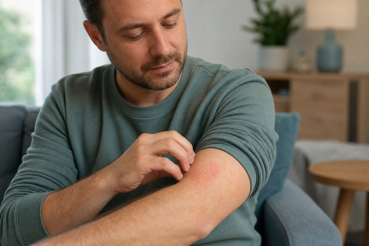 A man scratching a dry patch on his forearm