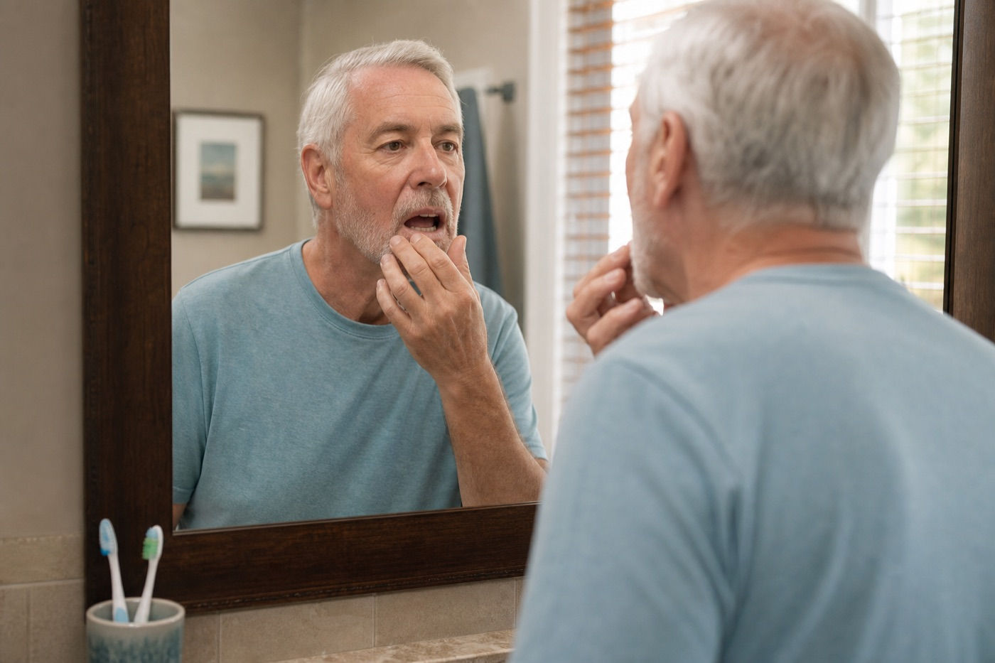 An older man checking his mouth in the mirror