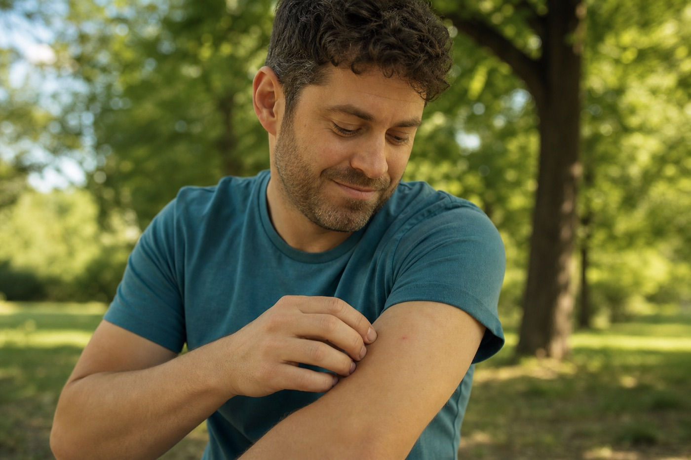 A man outdoors scratching an insect bite on his arm