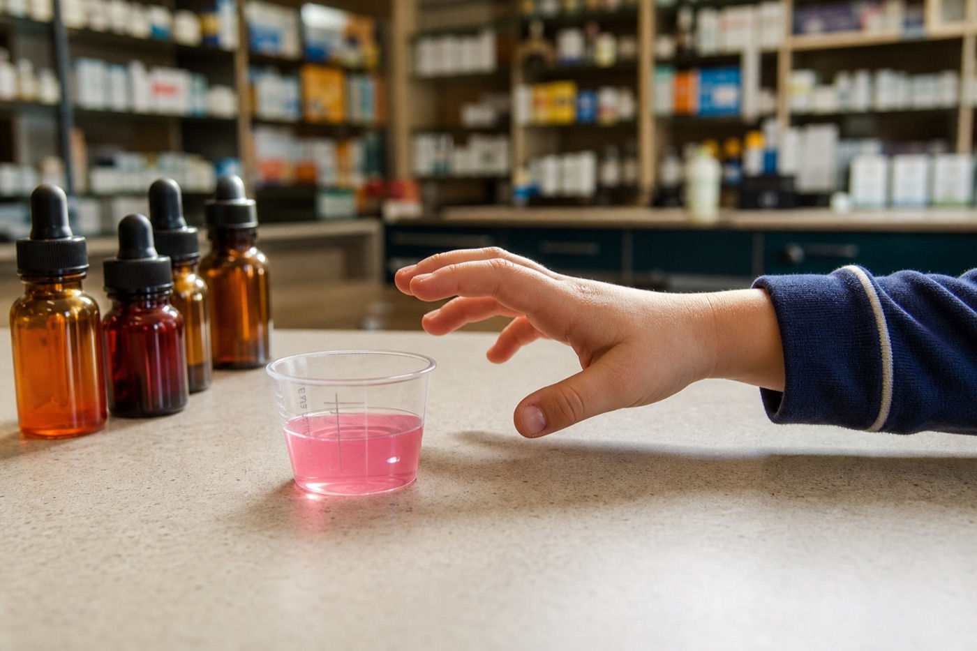 A child's hand reaching for a small flavour cup held out at the pharmacy counter