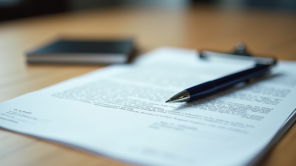 Close-up view of legal documents and a pen on a wooden table