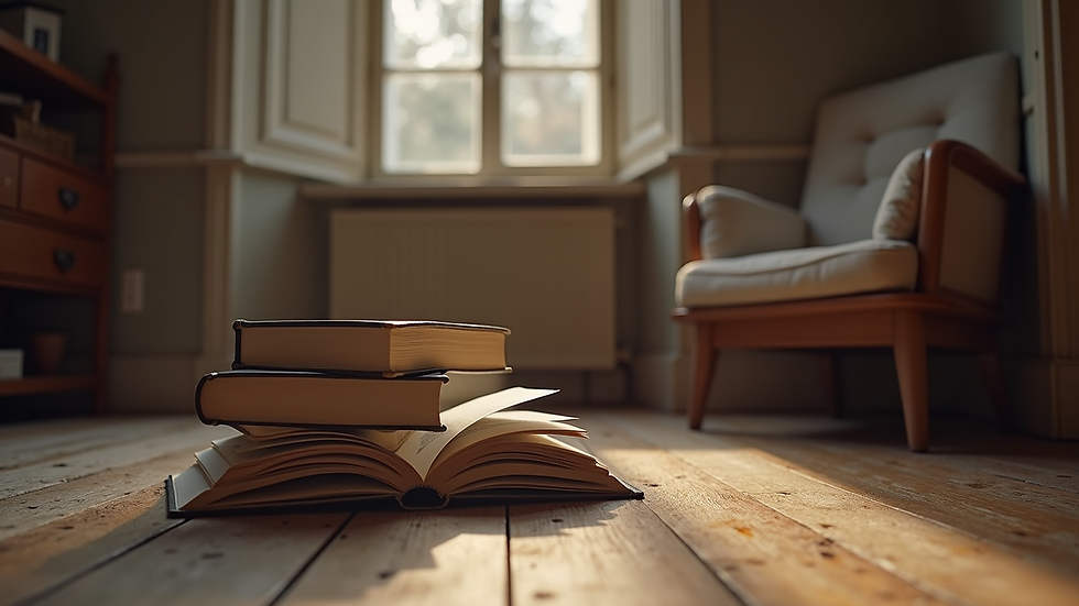 Eye-level view of a cozy reading nook with a stack of books