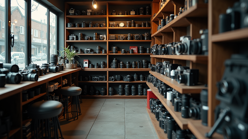 Eye-level view of a camera shop interior with shelves of cameras and lenses