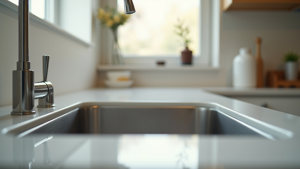 Eye-level view of a clean kitchen countertop with a shiny sink