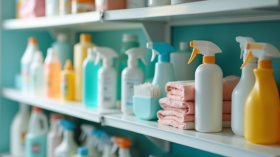 Close-up view of cleaning supplies arranged neatly on a shelf