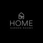 Home Garden Rooms logo with house and leaf icon on black background.