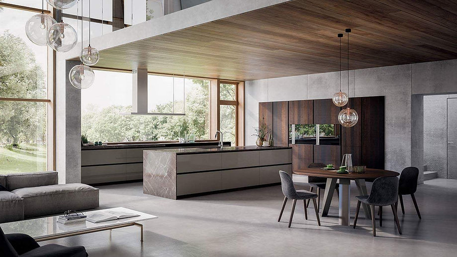 kitchen with table chairs island cabinets in white and brown with a large window.