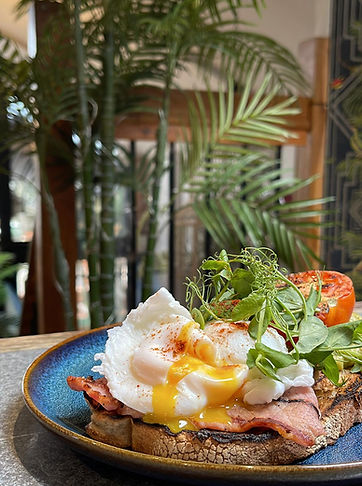 Poached egg and bacon on toast