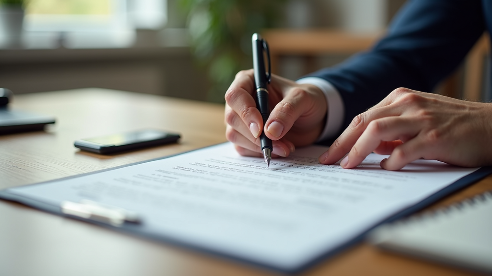 Close-up view of a contract being signed on a wooden desk with a pen