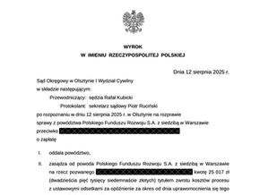 Zdjęcie wyroku Sądu Okręgowego w Olsztynie w sprawie I C 526/25, oddalającego powództwo PFR przeciwko przedsiębiorcy.