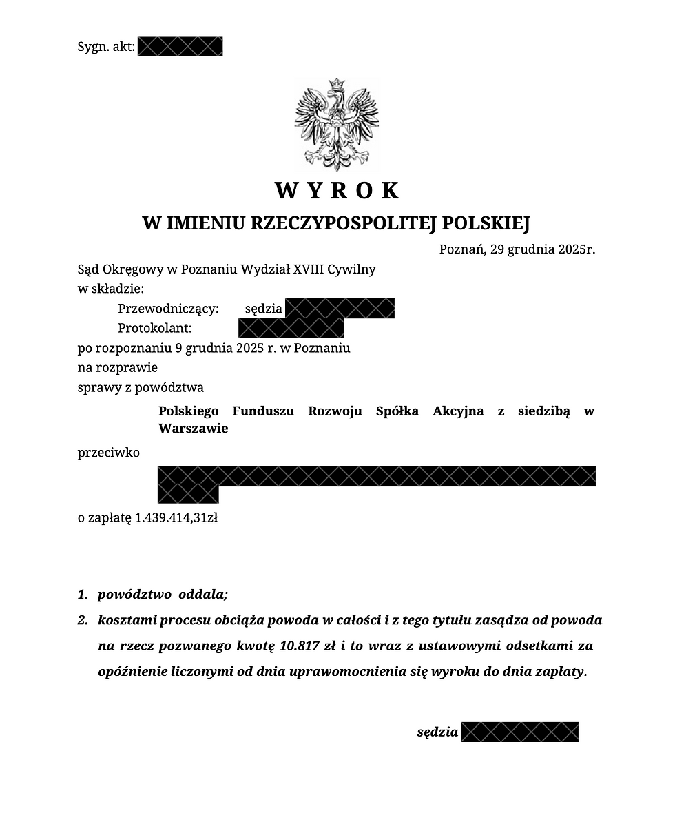 Wyrok Sądu Okręgowego w Poznaniu oddalający powództwo PFR o zwrot subwencji finansowej