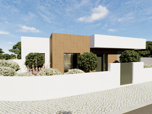 Moradia Térrea Contemporânea em Quinta do Anjo: Reboco Branco, Madeira e Piscina num Único Piso