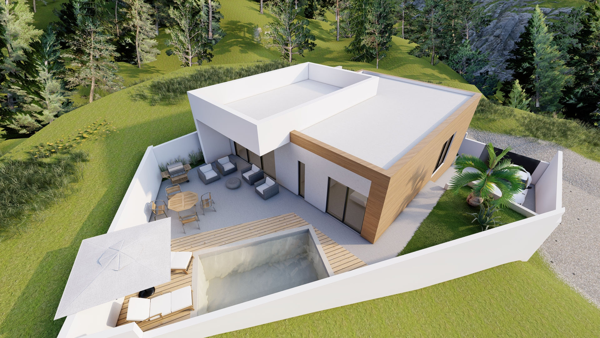 Moradia Unifamiliar - Estudo de versão térrea e de dois pisos — vista aérea — AJA Projetos