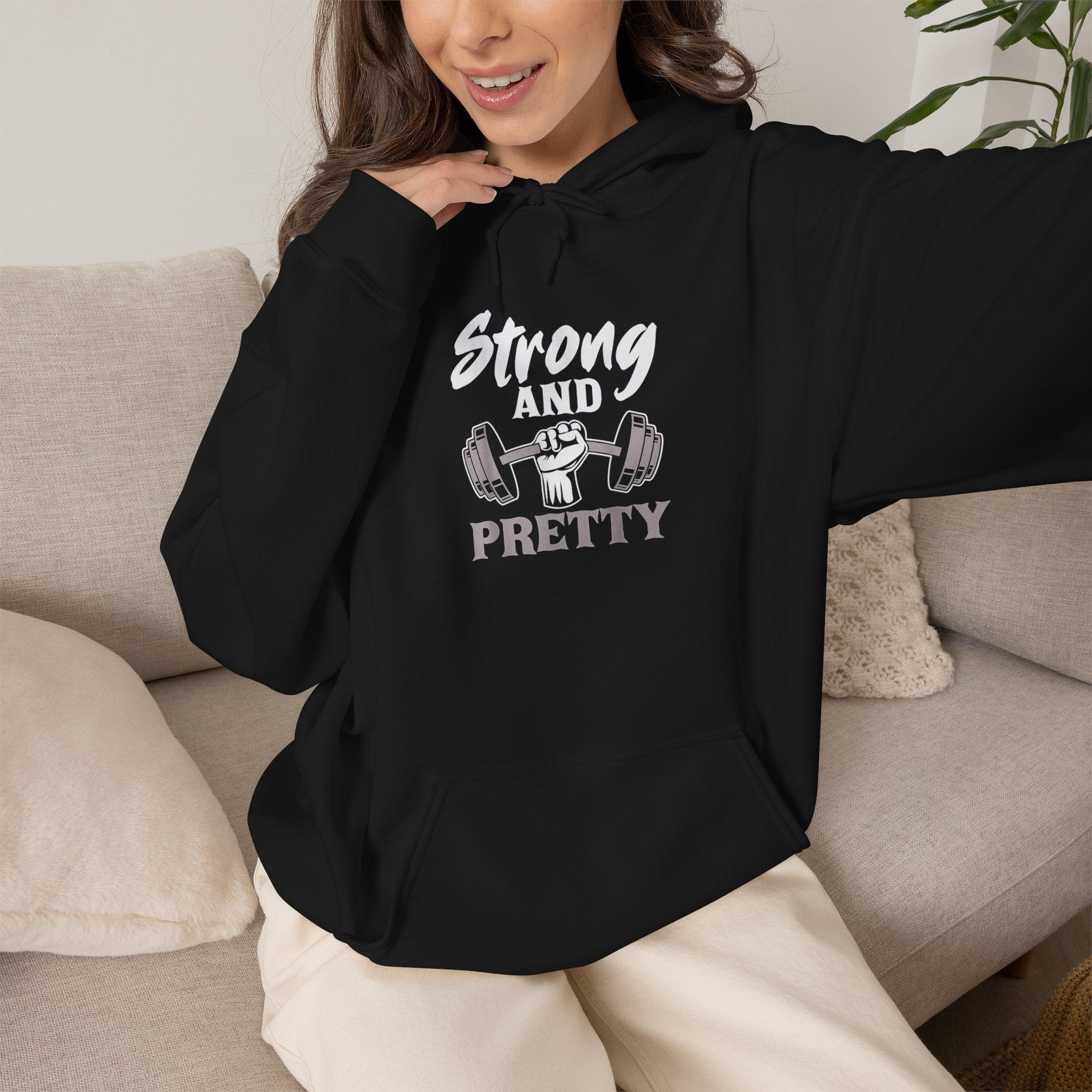Strong and Pretty Hoodie – Women’s Fitness Sweatshirt with Dumbbell Graphic