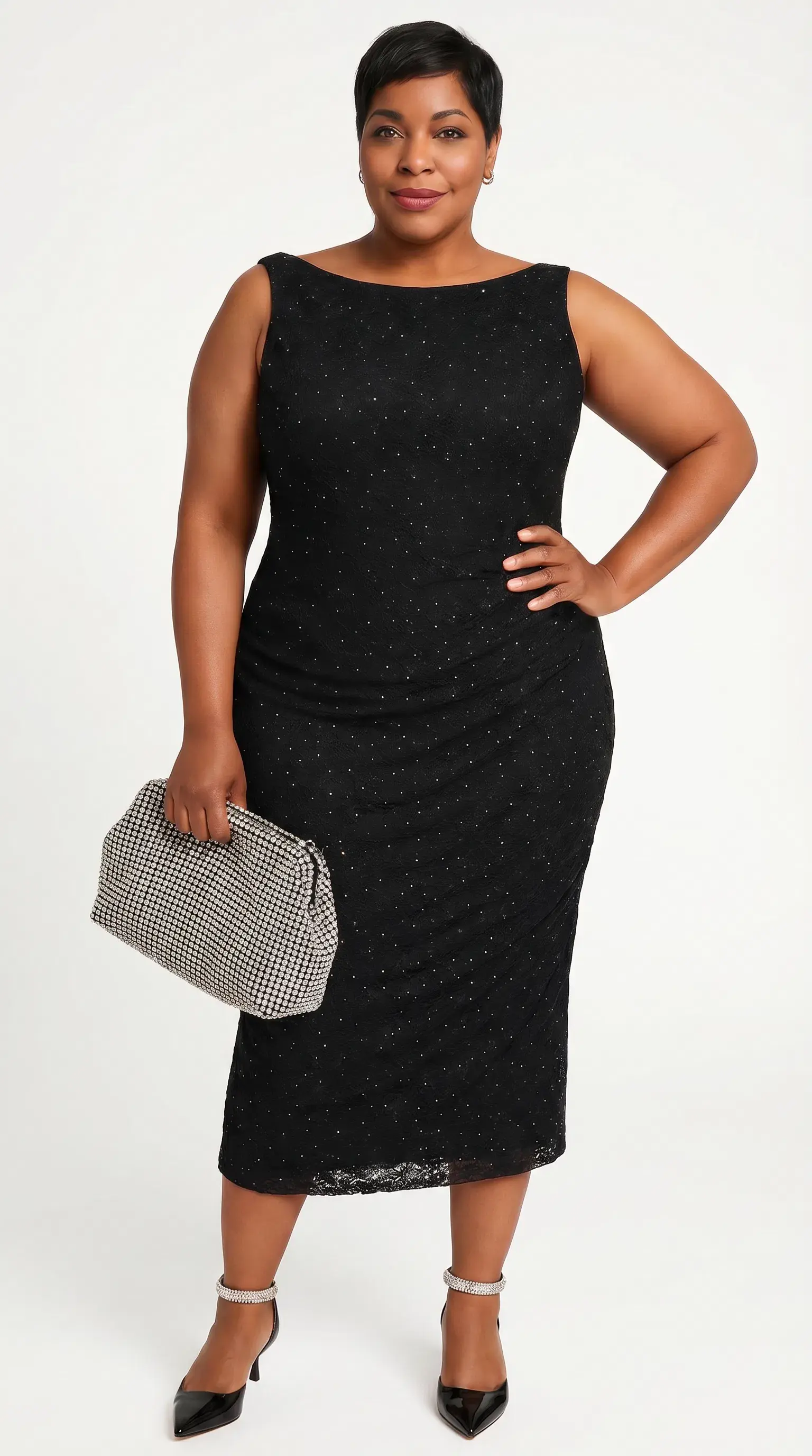 Plus Size VSG Black Glitter Lace Boatneck Shirred Midi Dress 40+