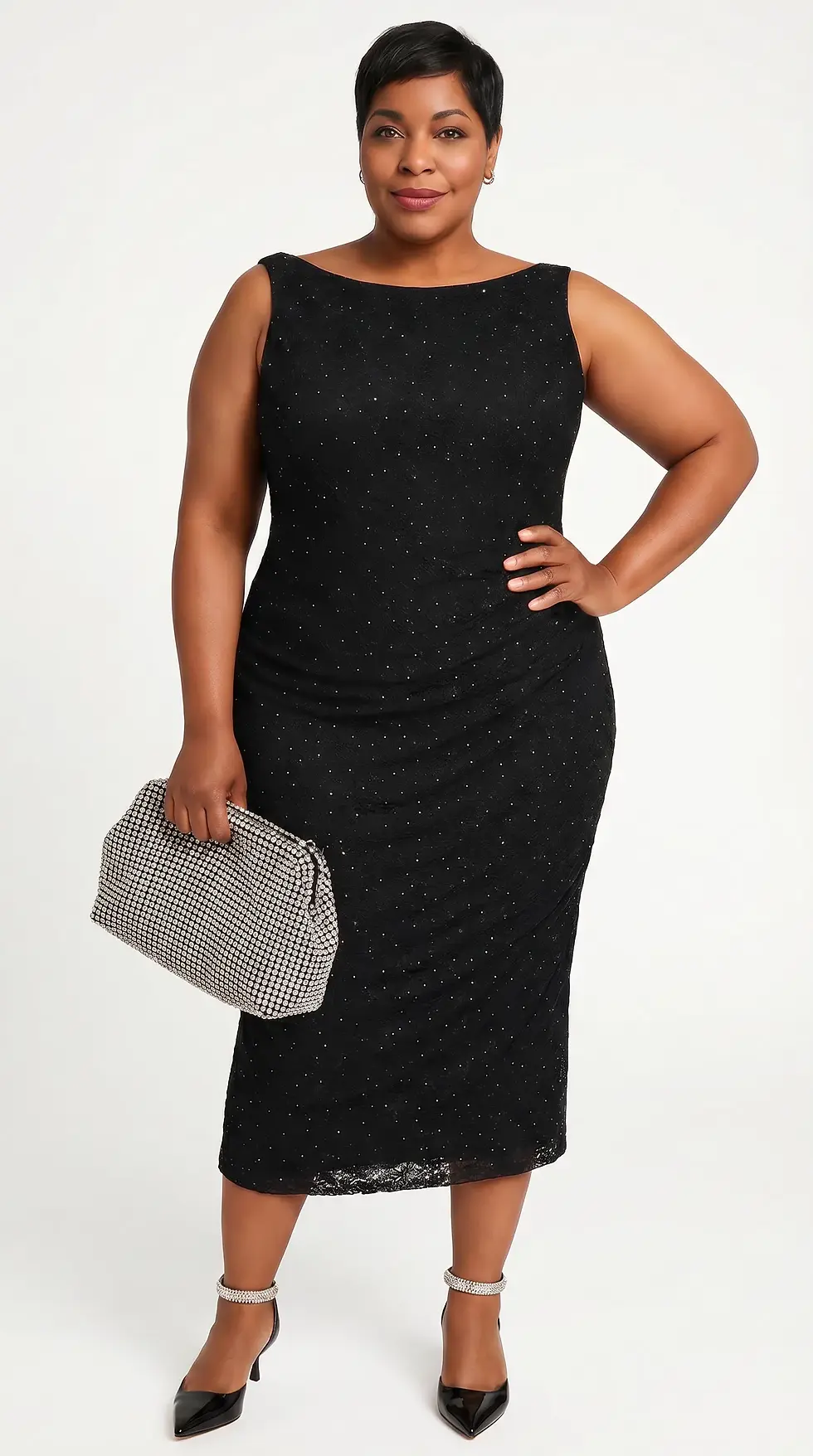 Thumbnail: Plus Size VSG Black Glitter Lace Boatneck Shirred Midi Dress 40+