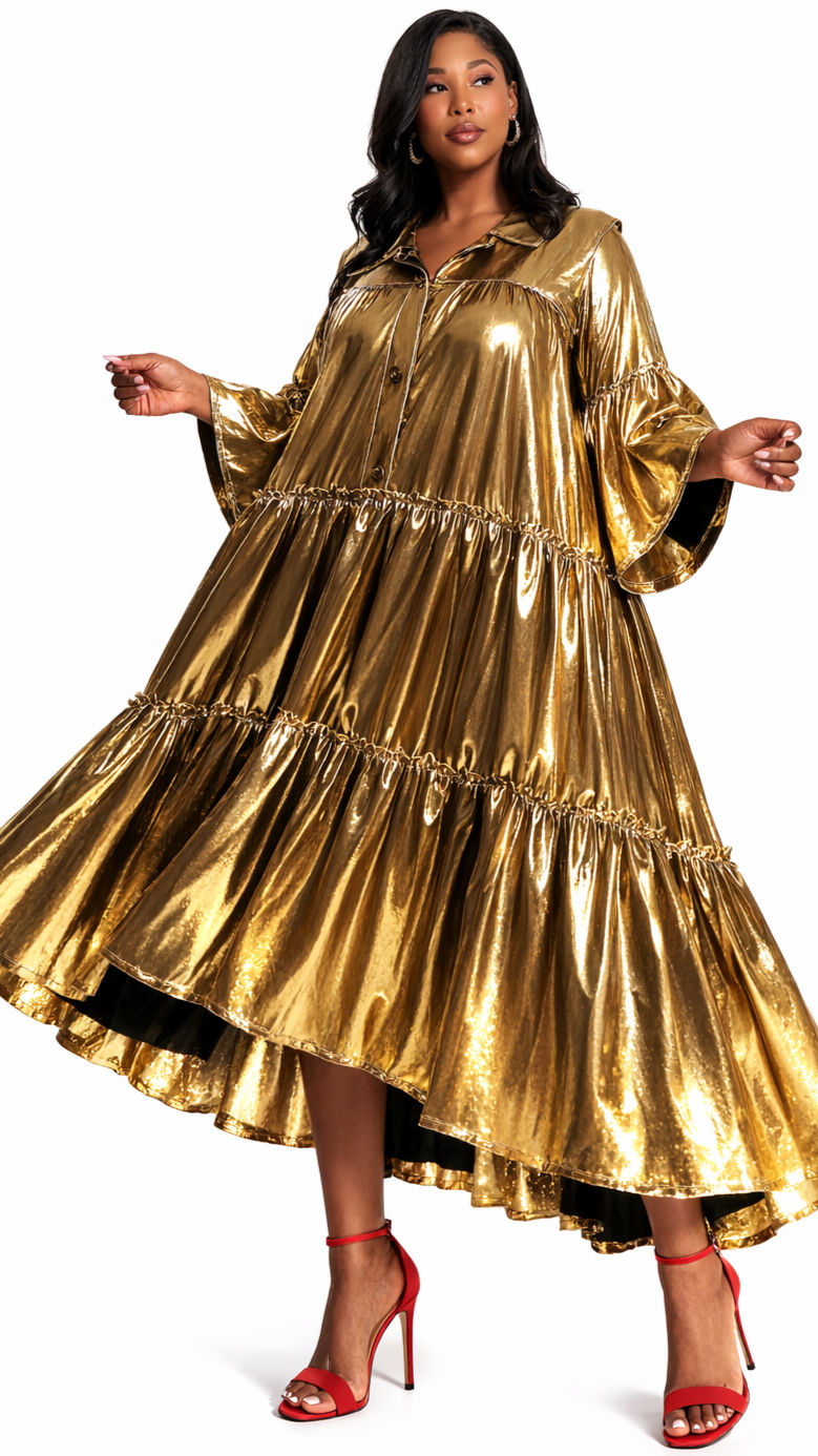 Thumbnail: Gold Tiered ls liquid knit Maxi Dress / Duster