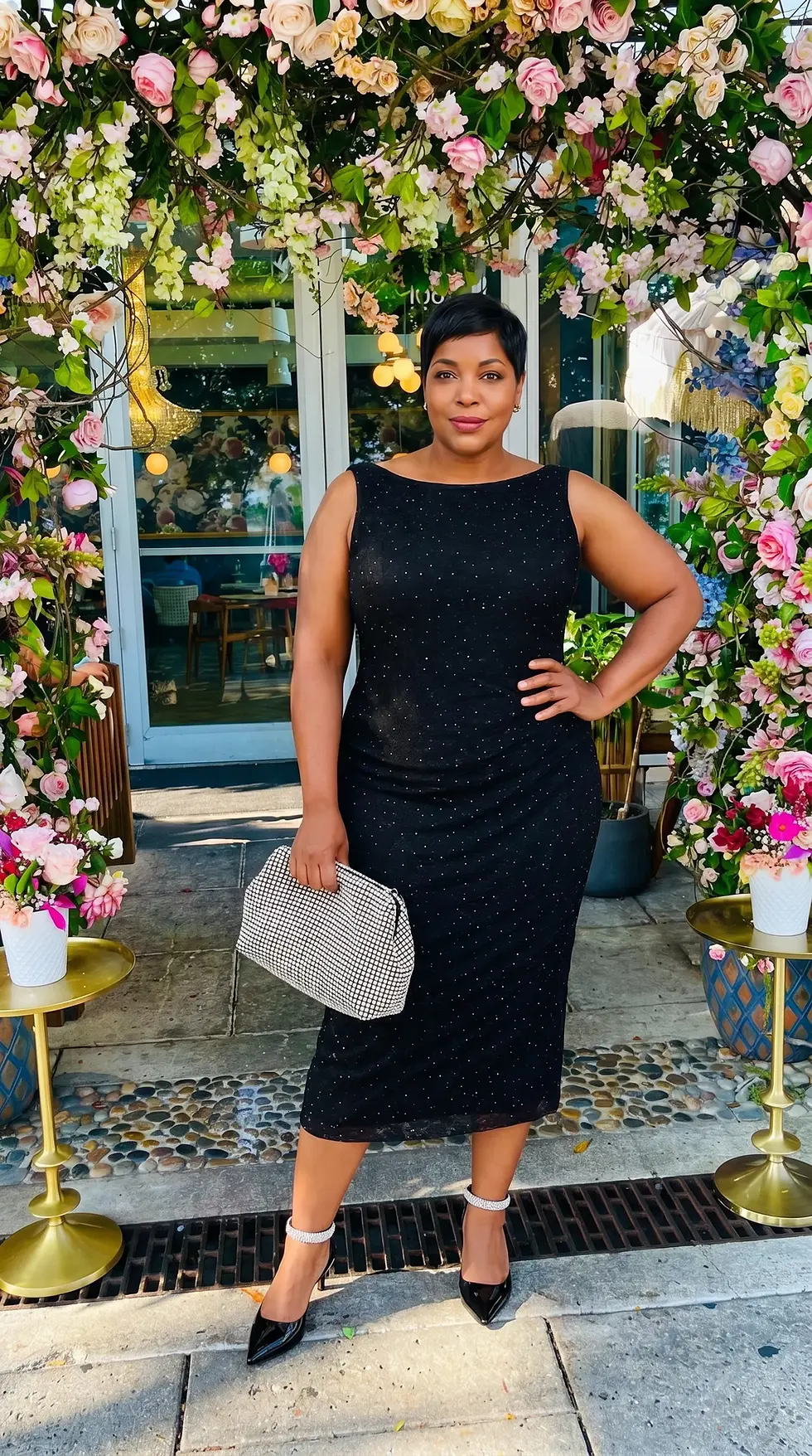 Thumbnail: Plus Size VSG Black Glitter Lace Boatneck Shirred Midi Dress 40+