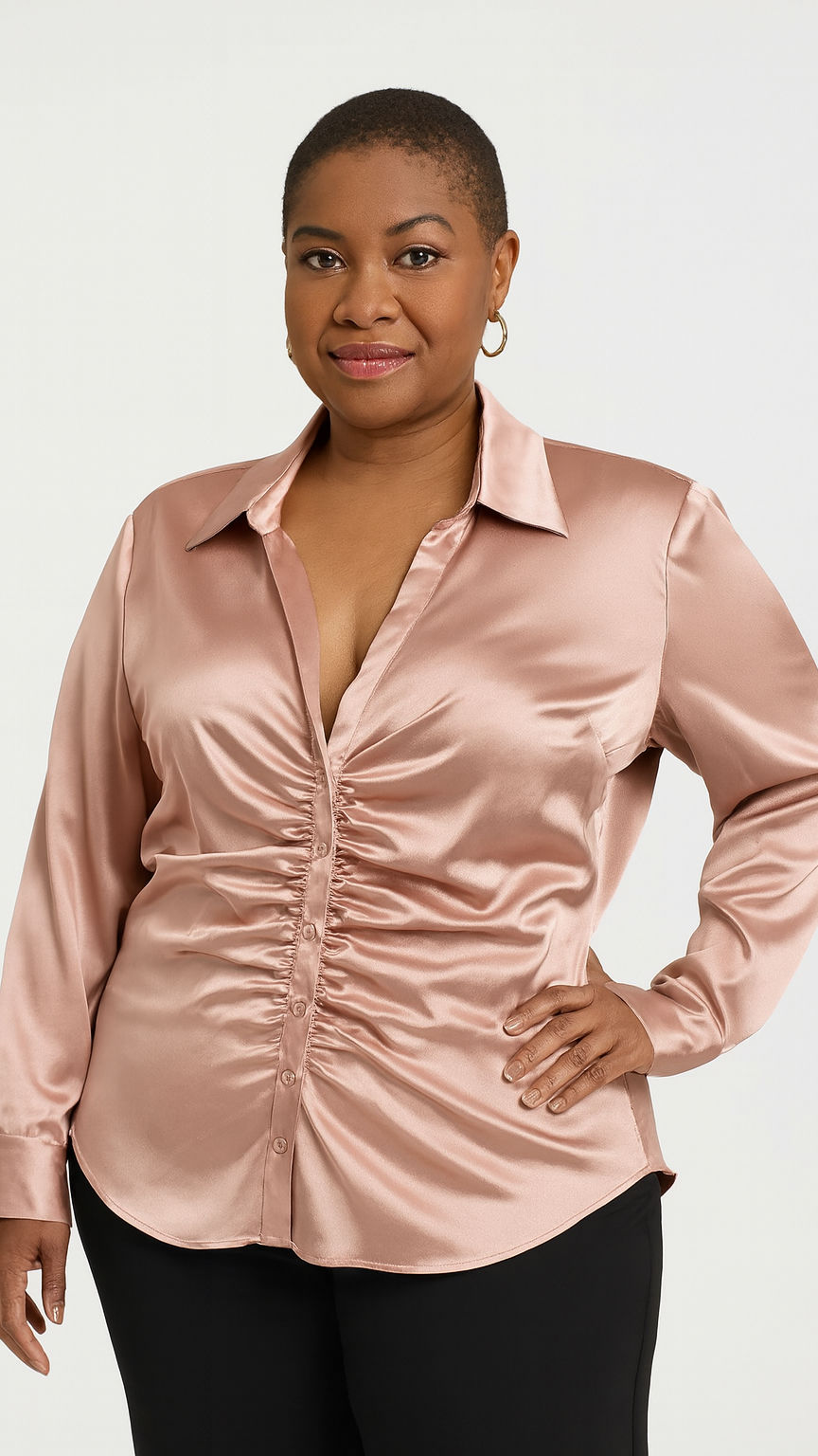 BLUSH VSG Satin Shirred Button-Front Blouse