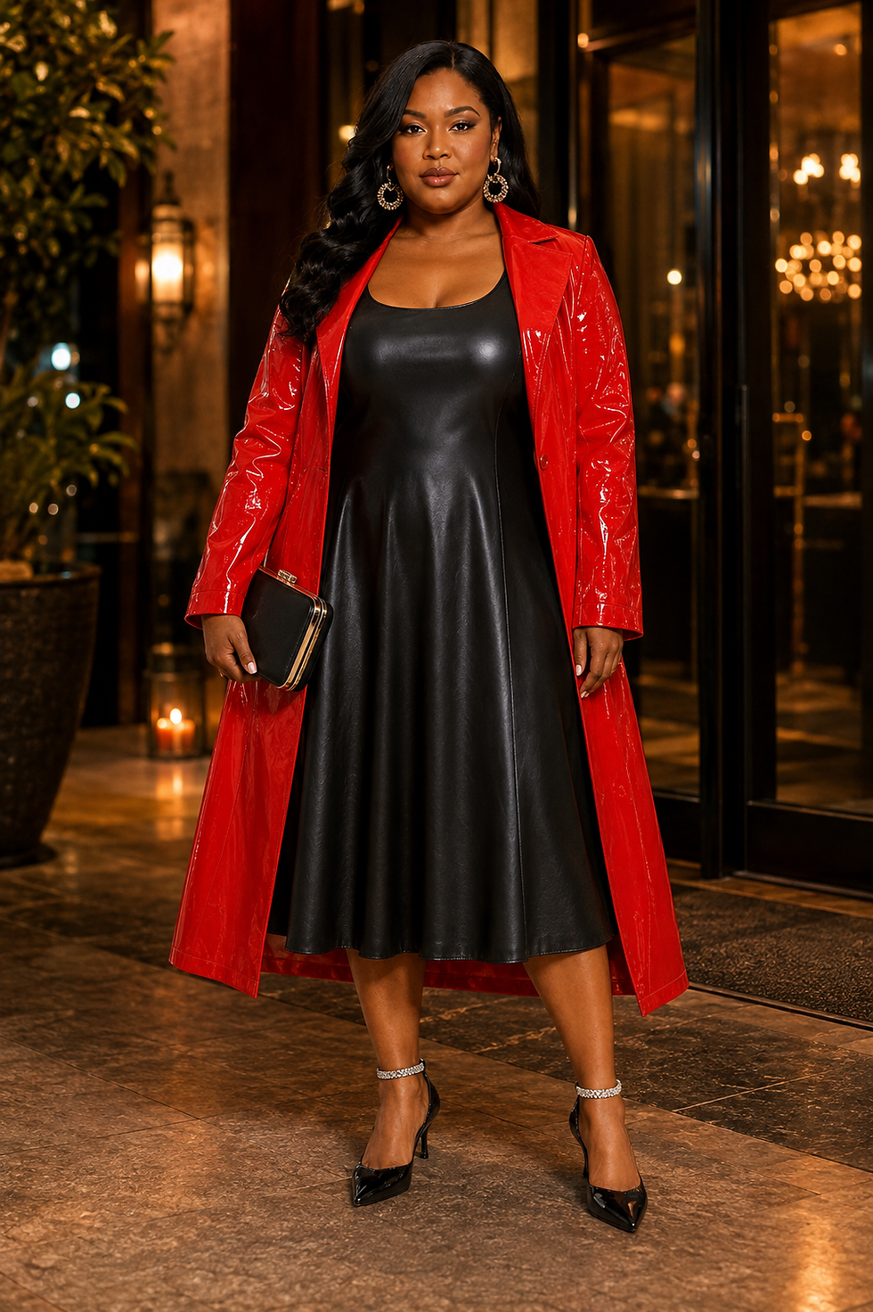 Thumbnail: Black Vegan-Leather Fit & Flare Midi Dress