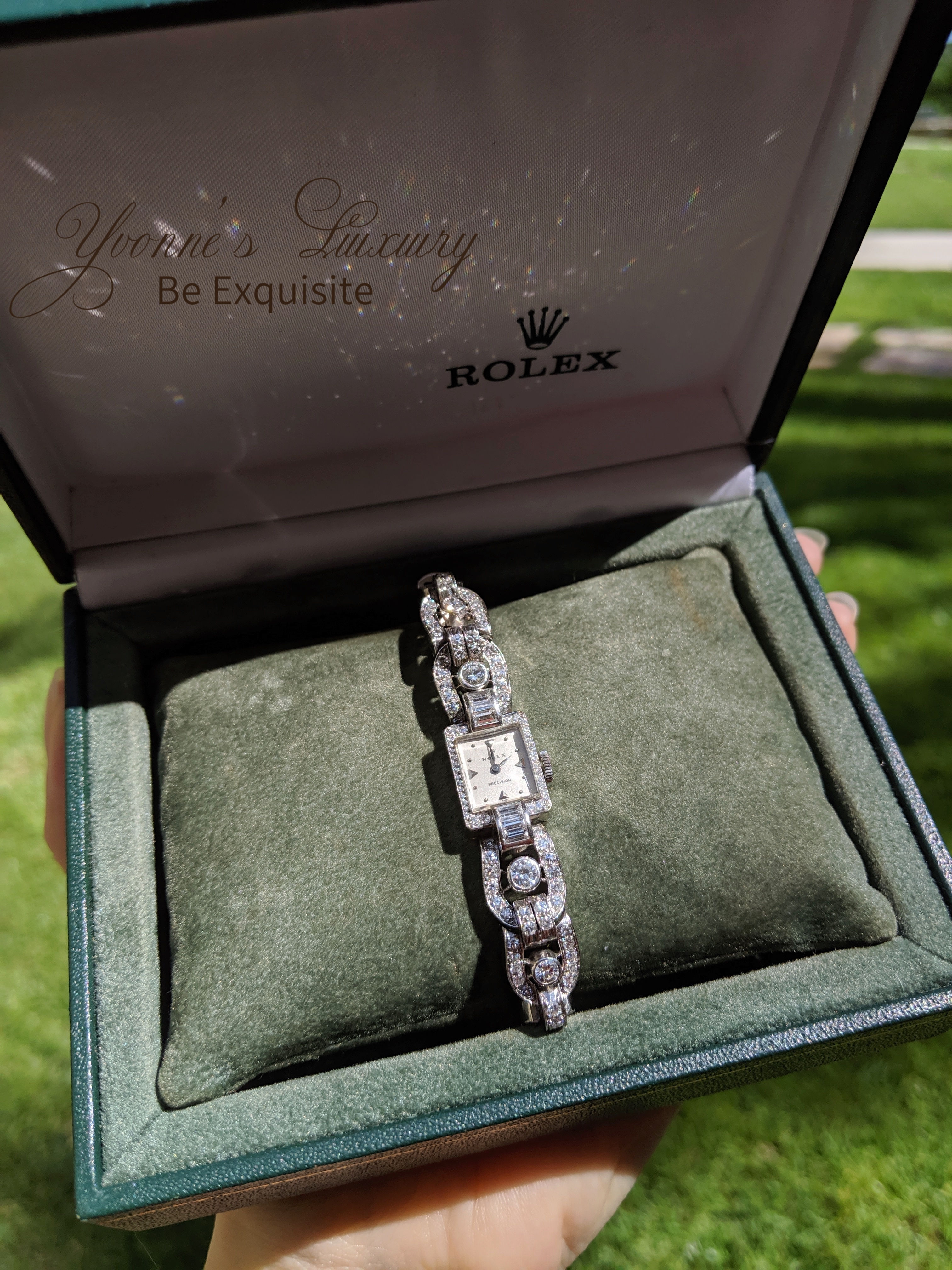 Rolex Antique Platinum Baguette-cut Diamond Cocktail Dress Wristwatch