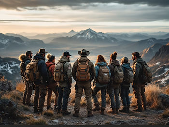 Nine hikers with backpacks admire a mountain view at sunset. Dressed warmly, they stand on a rocky hilltop, surrounded by sweeping vistas.
