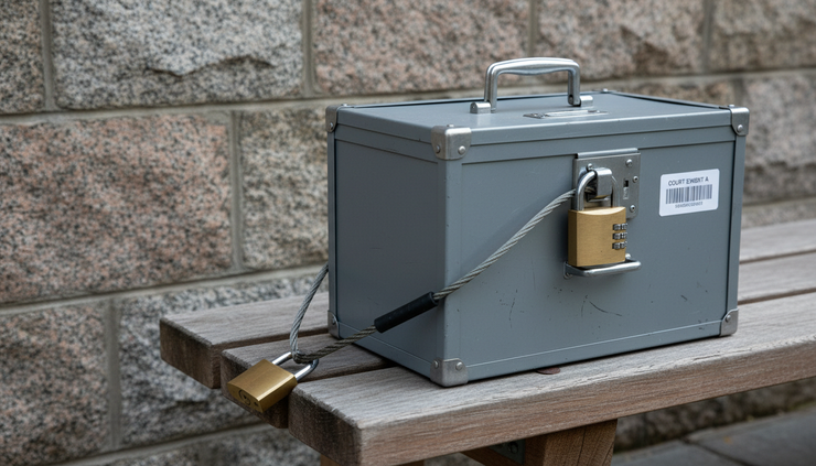 Eye-level view of a locked metal file box on a courthouse bench