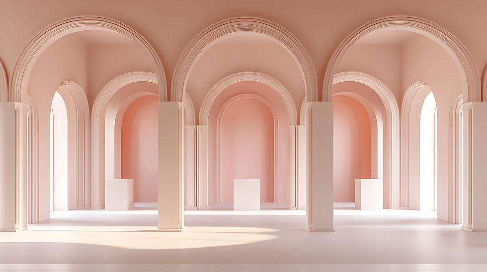 Sunlit modern room with pink walls and arched windows